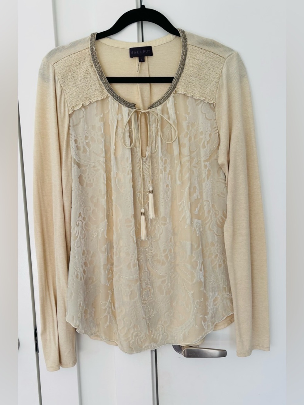 Halebob Beaded Silk Cream long sleeve Blouse Womens size large